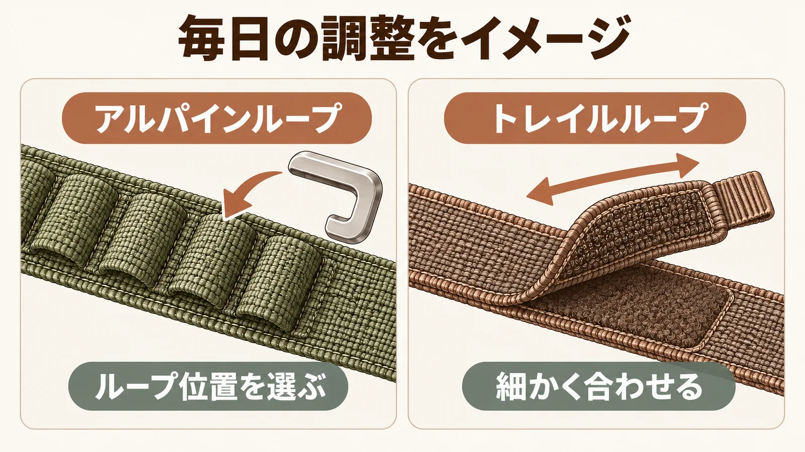 ループ位置を選ぶアルパインと細かく位置を合わせるトレイルの調整方法を表す概念図
