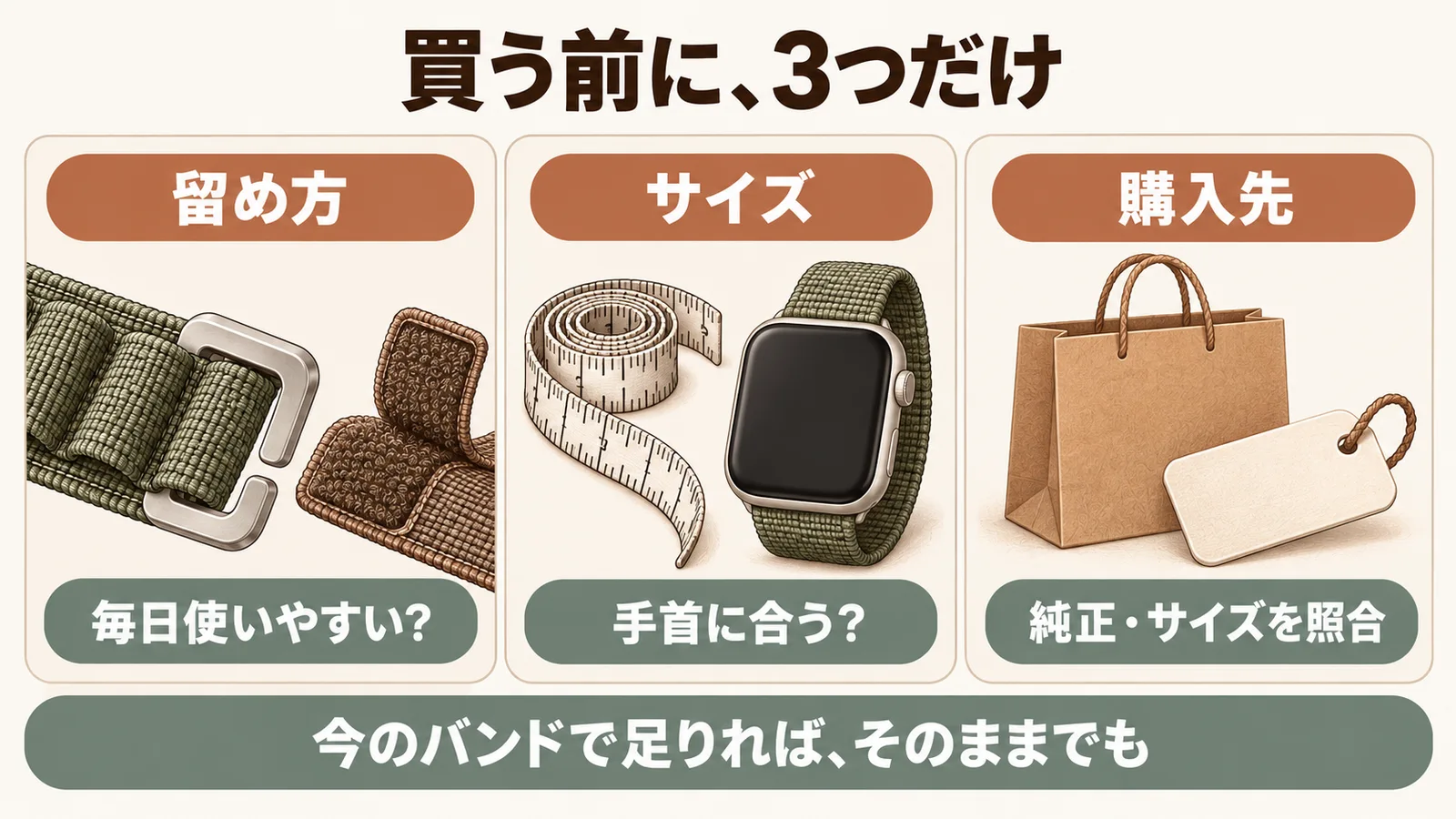 購入前に留め方・手首サイズ・純正商品の購入先を確認する説明図