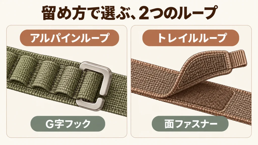 アルパインループのG字フックとトレイルループの面ファスナーを比べた説明図