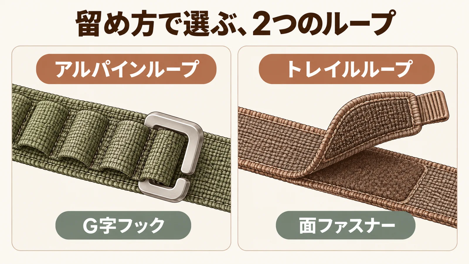 アルパインループのG字フックとトレイルループの面ファスナーを比べた説明図