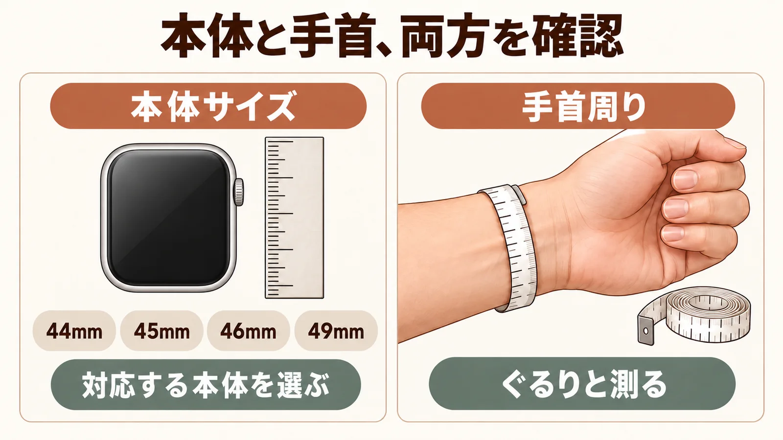 対応する本体サイズと手首周りを分けて確認する説明図