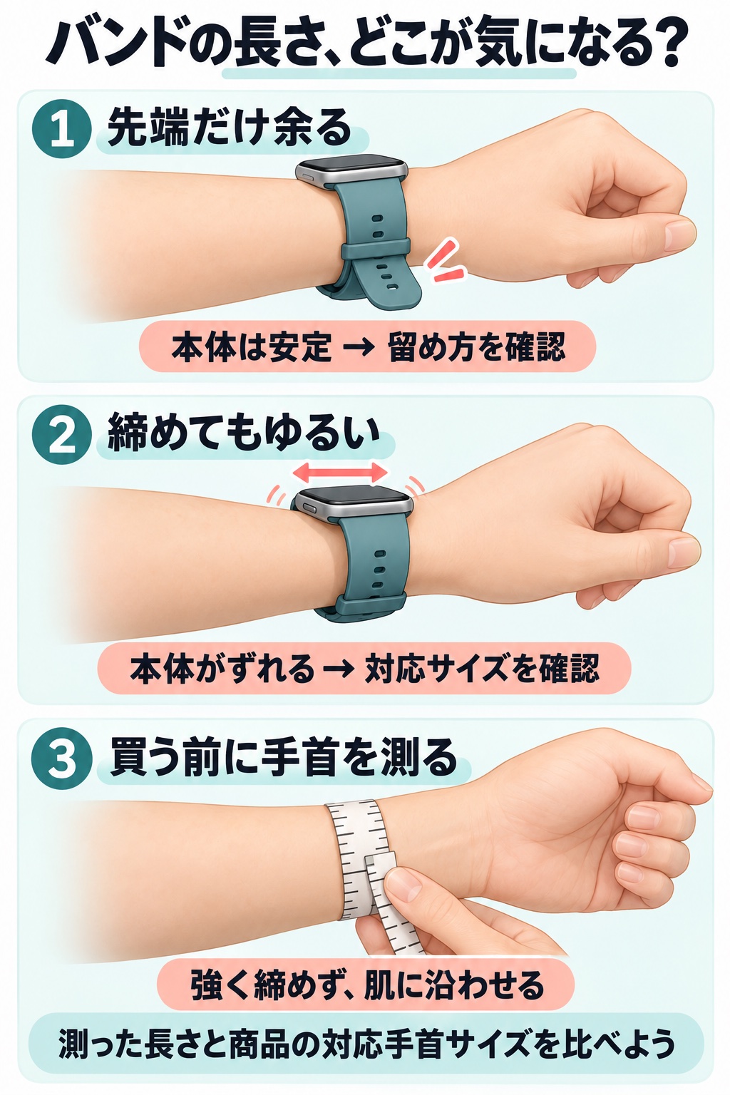 バンドの先端だけが余る状態と締めてもゆるい状態の違い、買い替え前に手首まわりを測る方法の図解