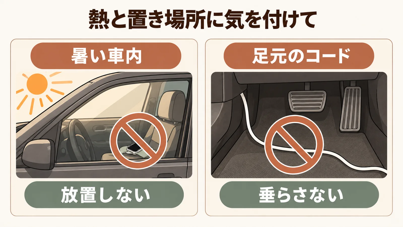 高温の車内にWatchを放置せず、運転席の足元にコードを垂らさないための説明図