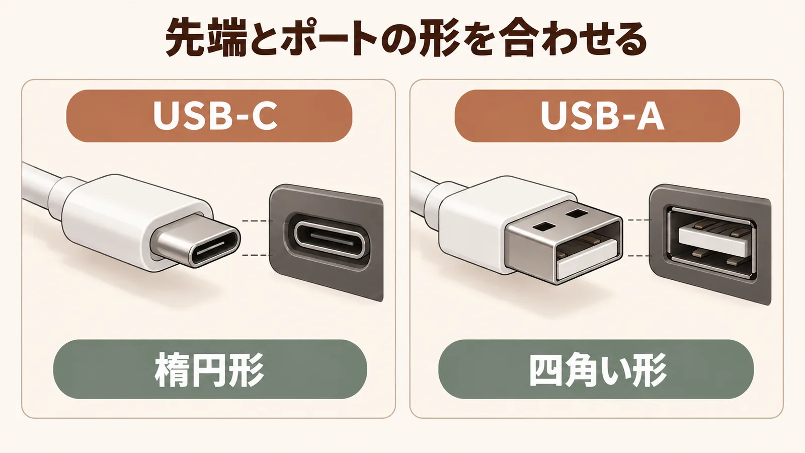 楕円形のUSB-Cと四角いUSB-Aのケーブル先端とポートを比べた説明図