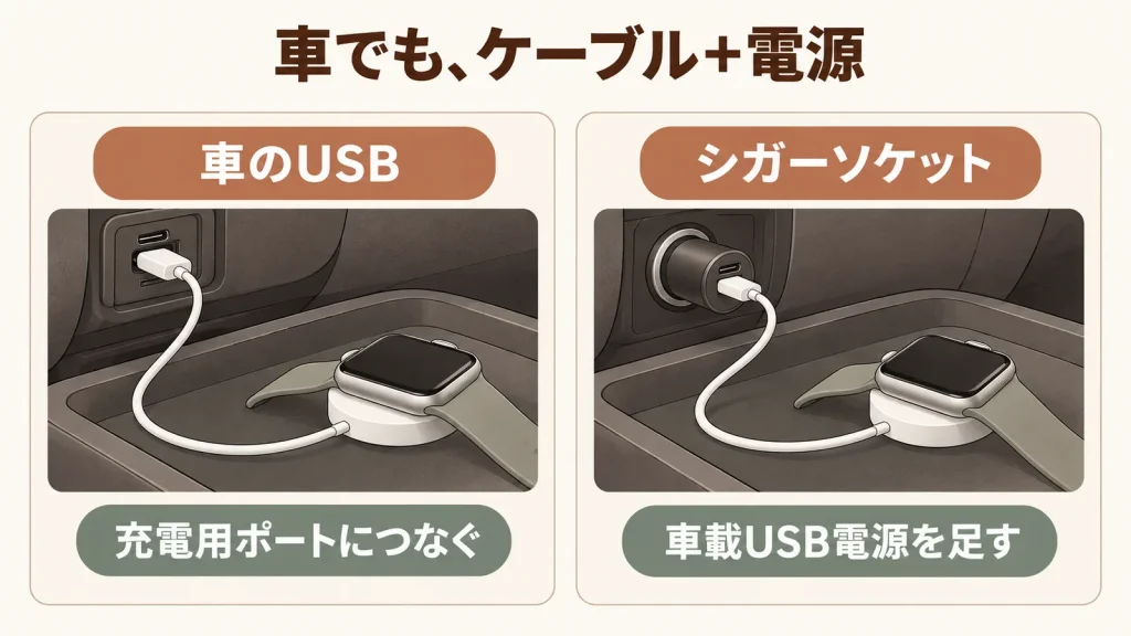車の充電用USBを使う方法と、アクセサリーソケットに車載USB電源を足す方法の説明図
