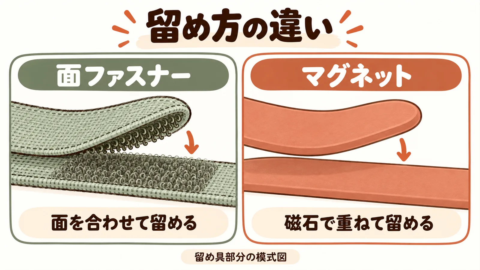 面ファスナーのフック面と繊維面、磁石を内蔵した滑らかな面を重ねて留める仕組みの模式図