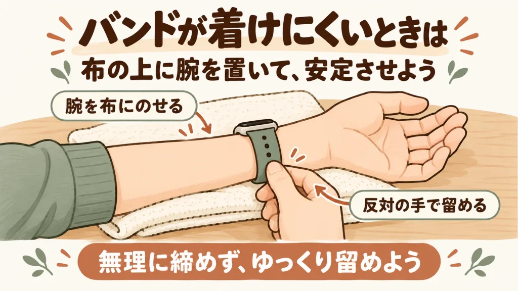 柔らかい布の上に腕と手首を置き、反対の片手でバンドを留める場面