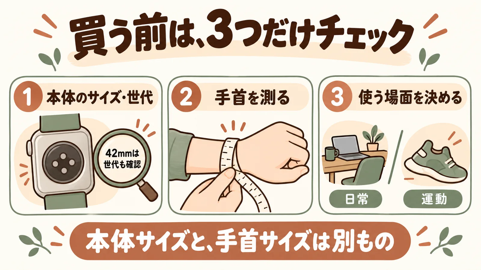 本体のサイズと世代、手首の実寸、日常と運動の使う場面を確認する購入前チェック