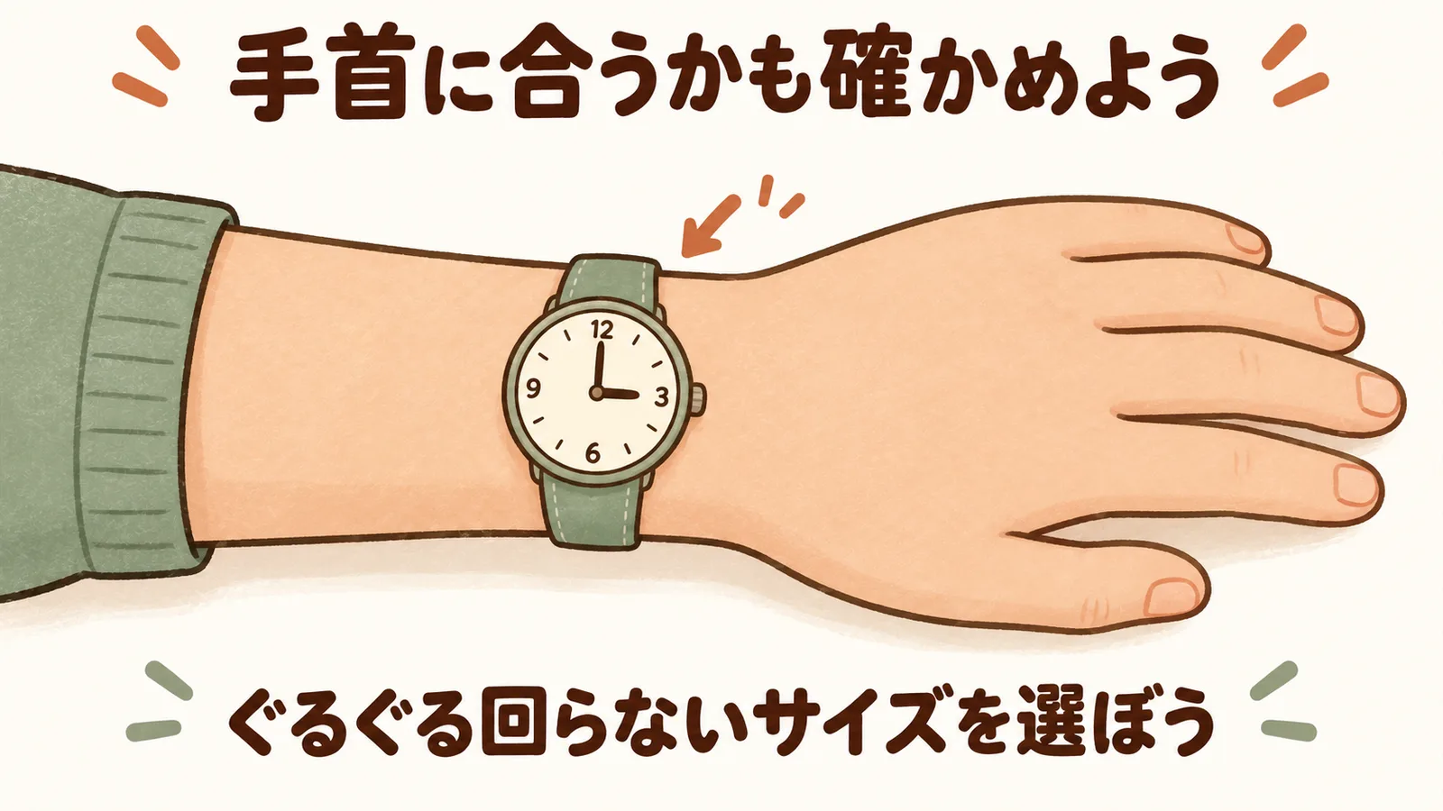 手首に合う大きさの時計を着けた状態を示す模式図
