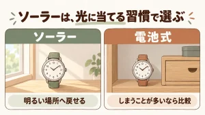 小学生の腕時計をソーラーと電池式で選び分ける。光に当てる習慣が判断の目安