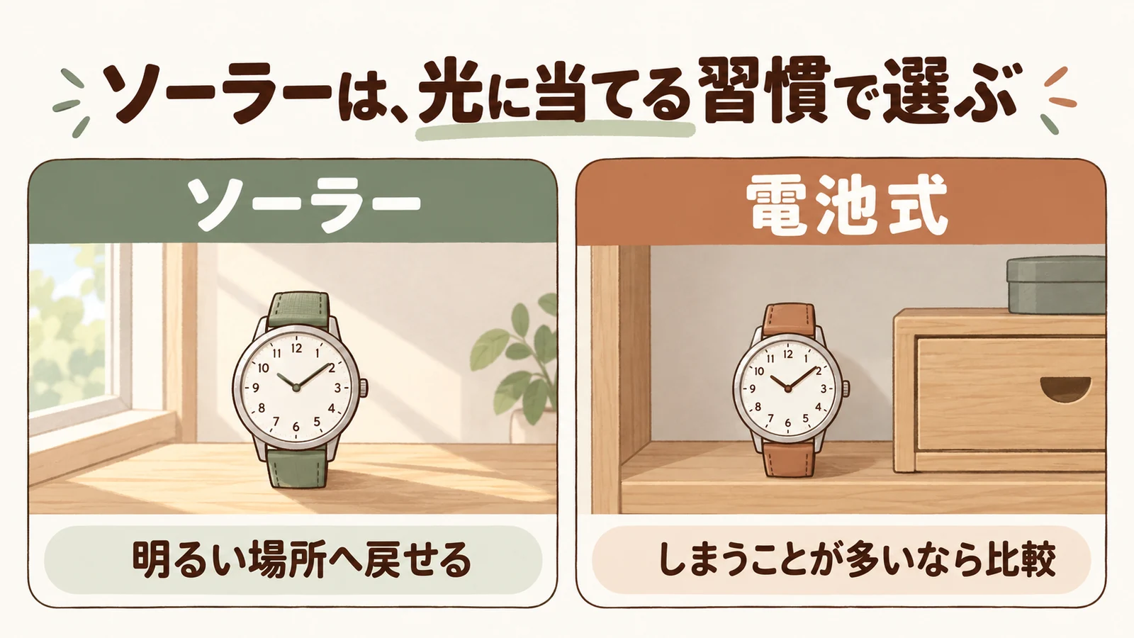 小学生の腕時計をソーラーと電池式で選び分ける。光に当てる習慣が判断の目安