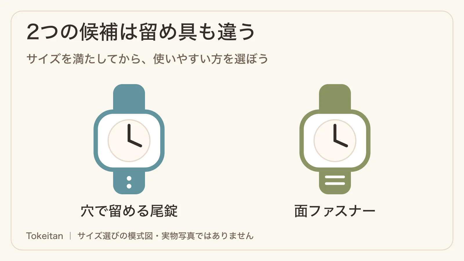 穴で留める尾錠と面ファスナーという2つの留め具を比較する模式図。