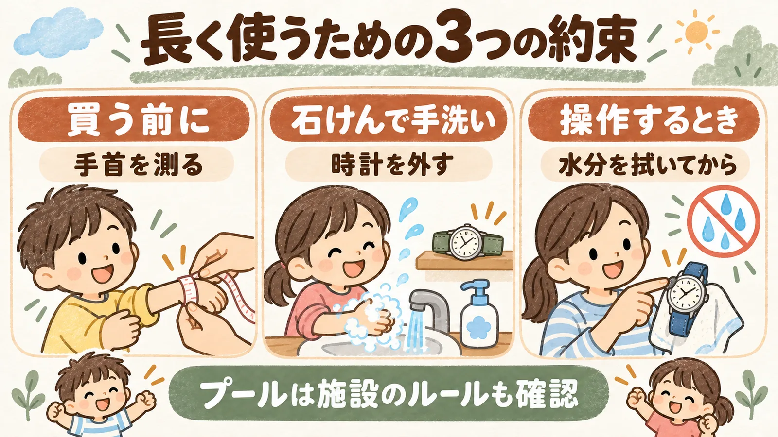 手首を測る、石けんで手を洗う前に時計を外す、操作前に水分を拭くという3つの確認を示す図
