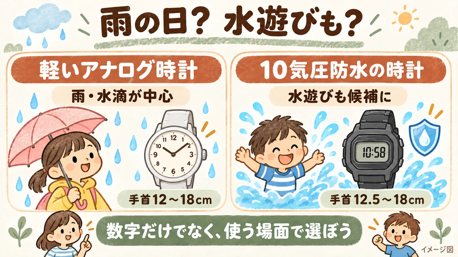 雨の日用の軽いアナログ時計と、水遊びも候補にできる10気圧防水の時計を比べるイメージ図