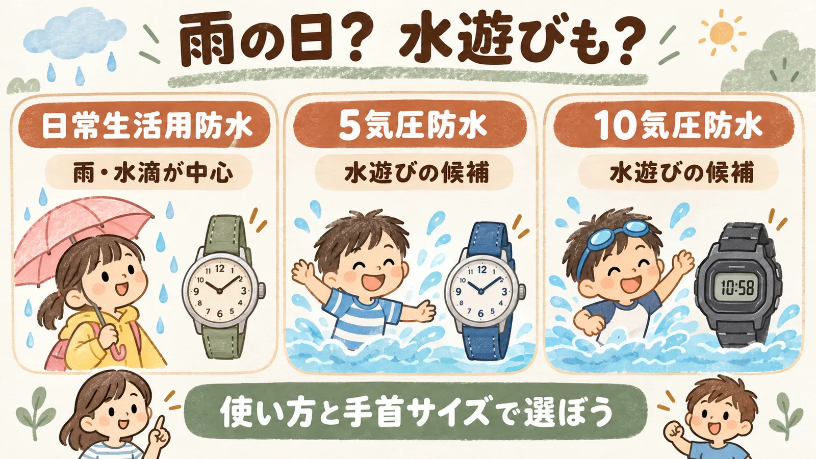日常生活用防水は雨や水滴が中心、5気圧と10気圧は水遊びの候補として使い方を比べる図