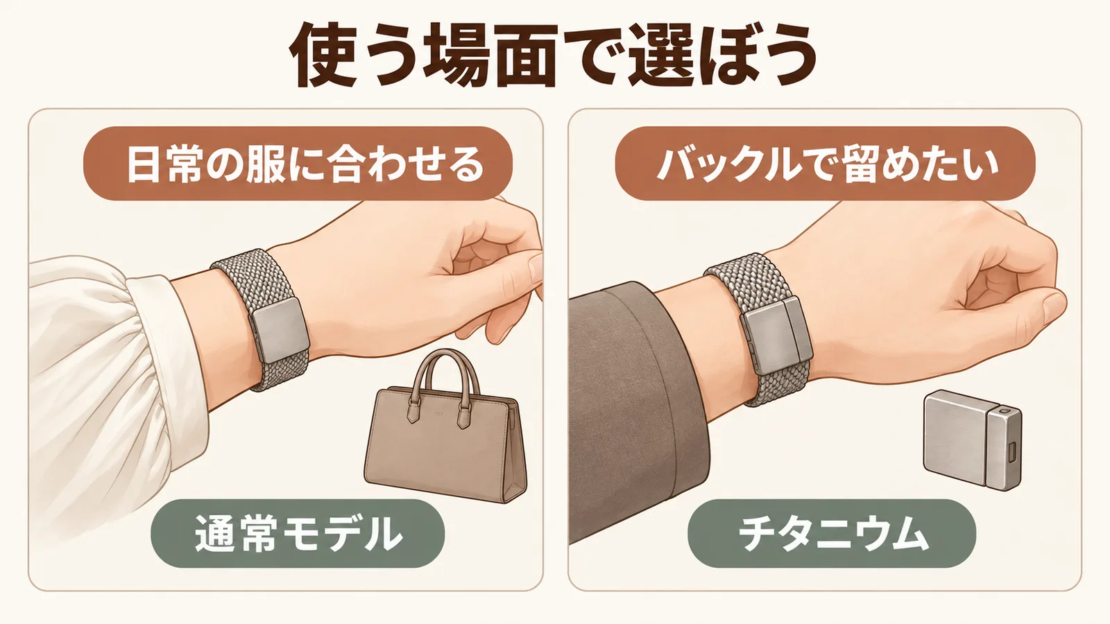 日常の服に合わせる通常モデルとバックル式を選ぶチタニウムモデルの比較図