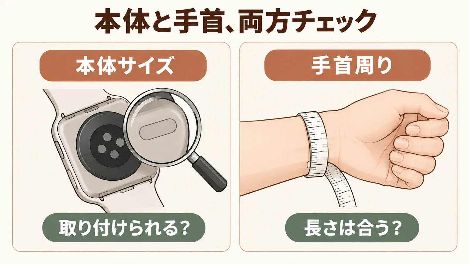 Apple Watch本体のサイズと手首周りの2点を分けて確認する説明図