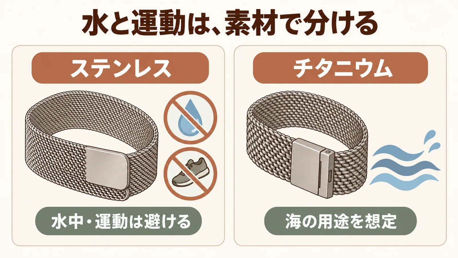 ステンレス製は水中と運動を避け、チタニウム製は海の用途を想定した違いを示す説明図