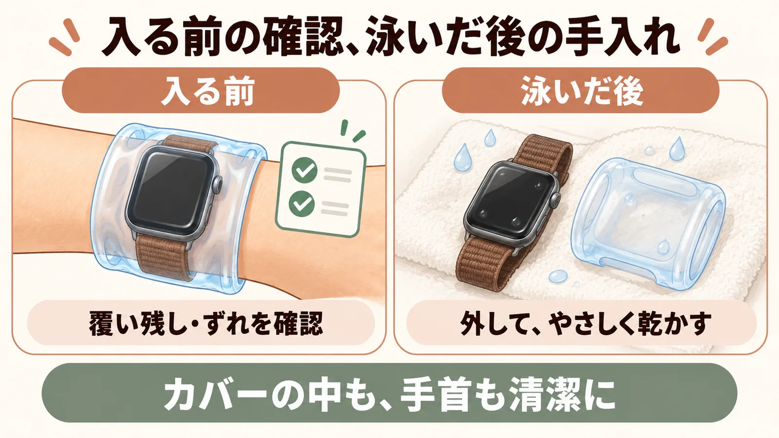 入る前にカバーの覆い残しを確認し、泳いだ後は外して乾かす説明図