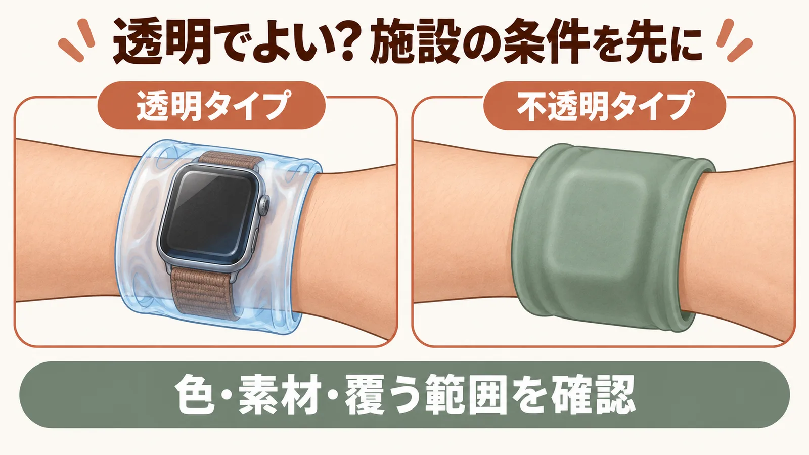 透明タイプと不透明タイプのカバーを比べ、施設の指定を先に確かめる説明図