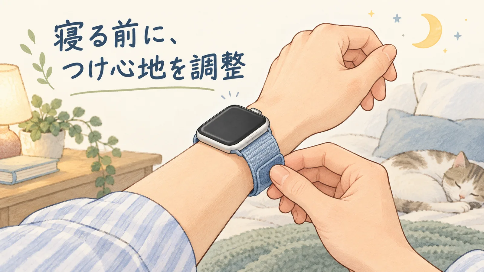 寝る前に面ファスナー式バンドの着け心地を調整するイラスト