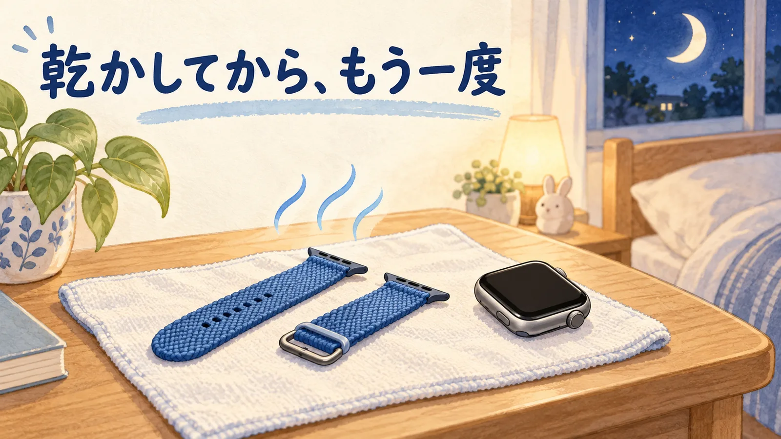 本体から外したバンドを柔らかい布の上で乾かすお手入れのイラスト