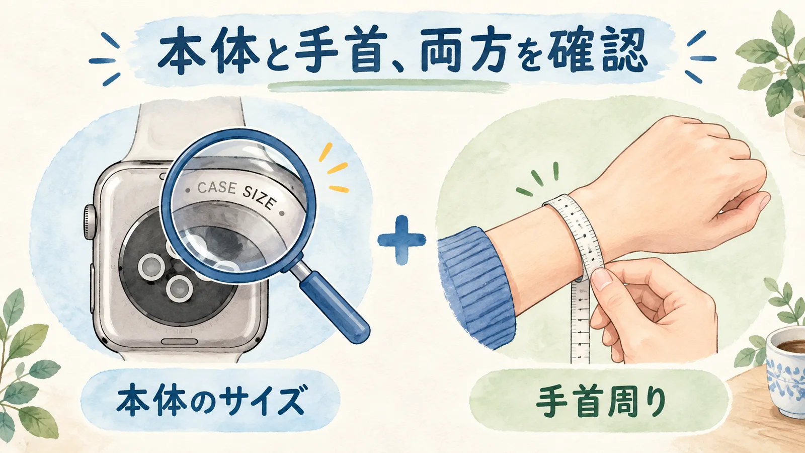 Apple Watch本体のサイズと手首周りを別々に確認するイラスト