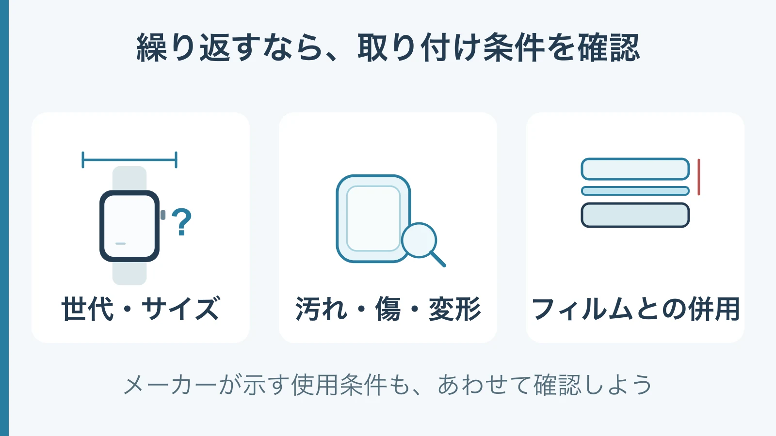 ケースが対応する世代とサイズ、接触面の汚れや傷、フィルム併用による浮きを確認する図。