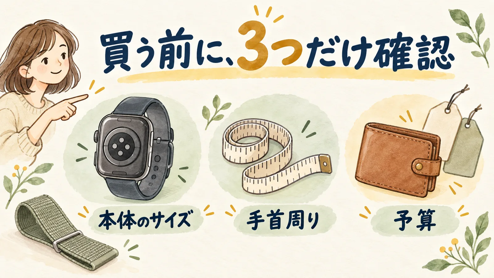 購入前に本体サイズ、手首周り、予算を確かめる3つのチェックを表す図