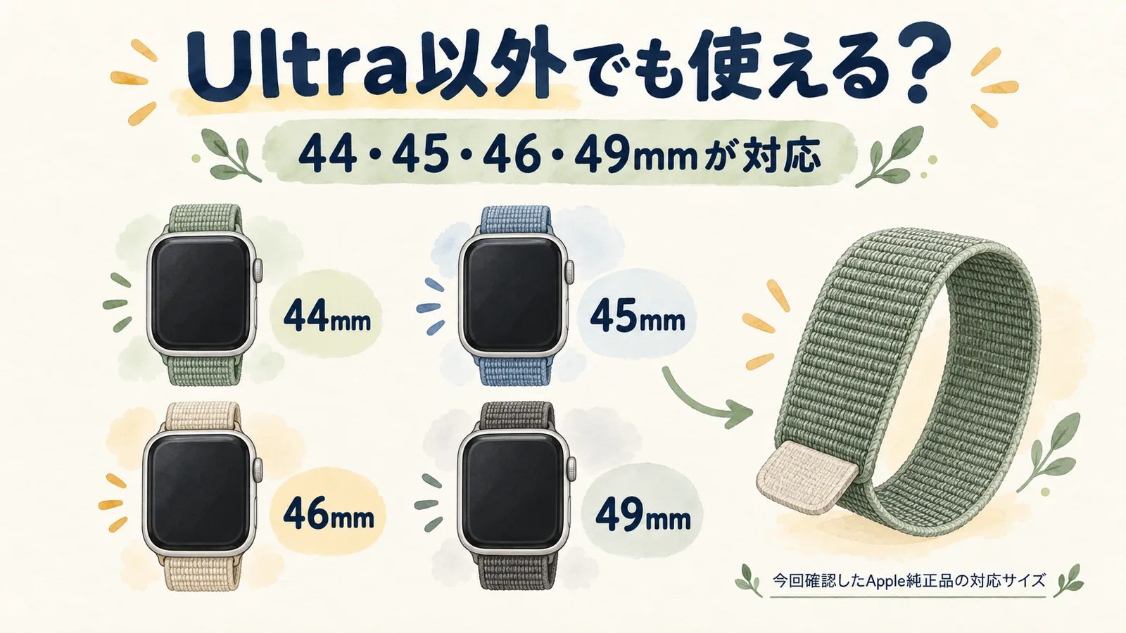 トレイルループが対応する44・45・46・49mmのApple Watchを示す説明図