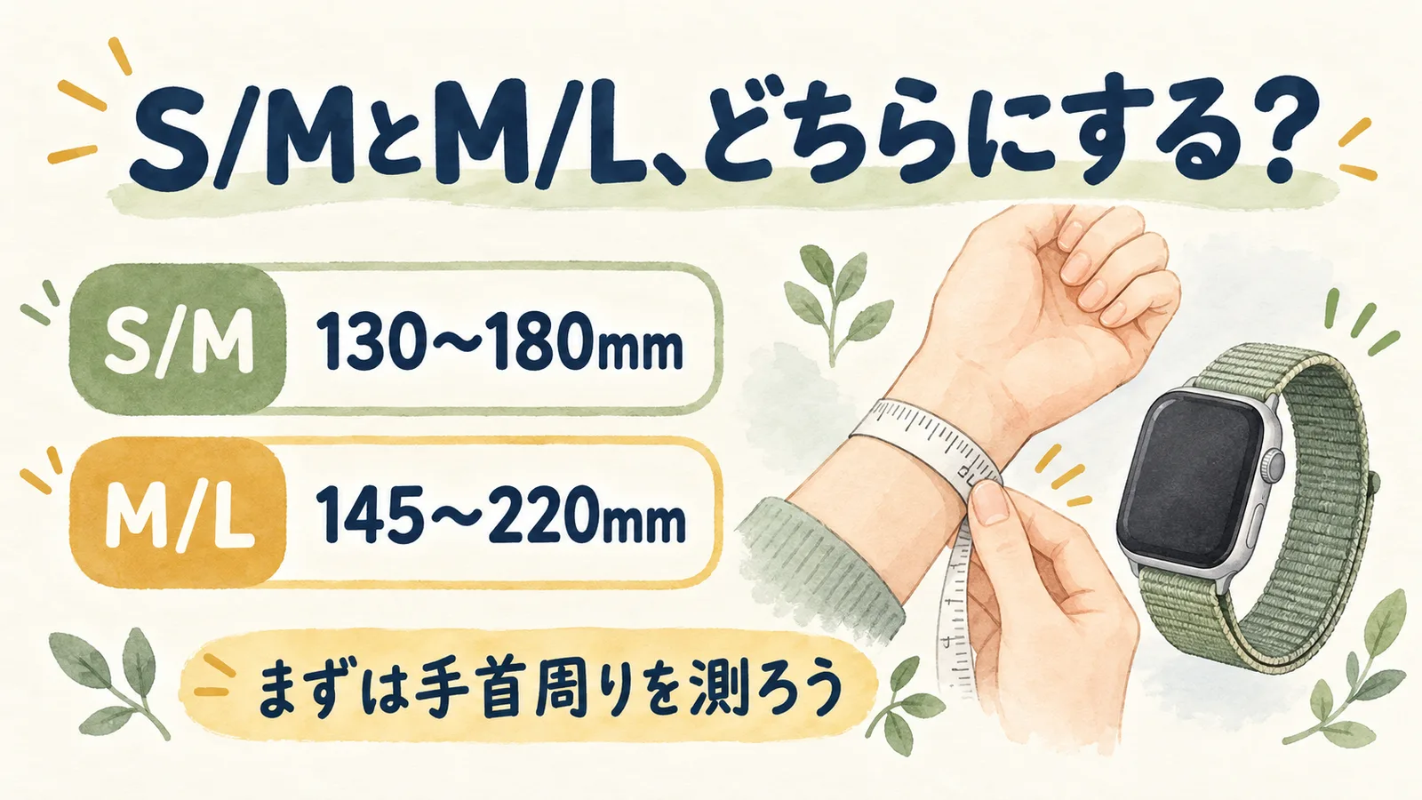 トレイルループのS/Mは手首130〜180mm、M/Lは145〜220mmと示したサイズ選びの図