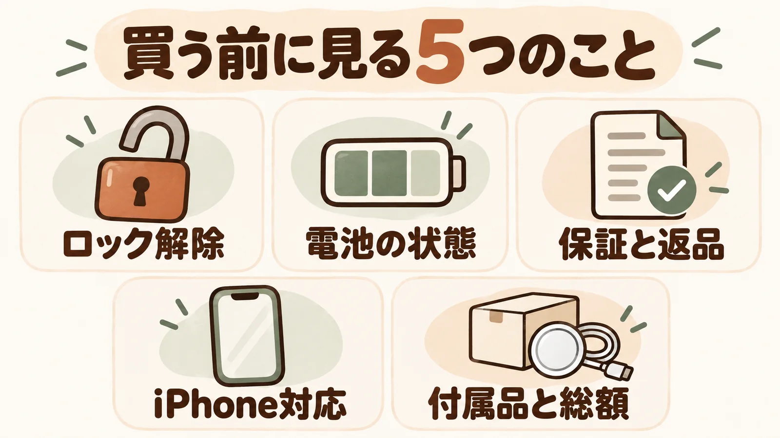 購入前に確かめるロック解除・電池の状態・保証と返品・iPhone対応・付属品と総額の5項目