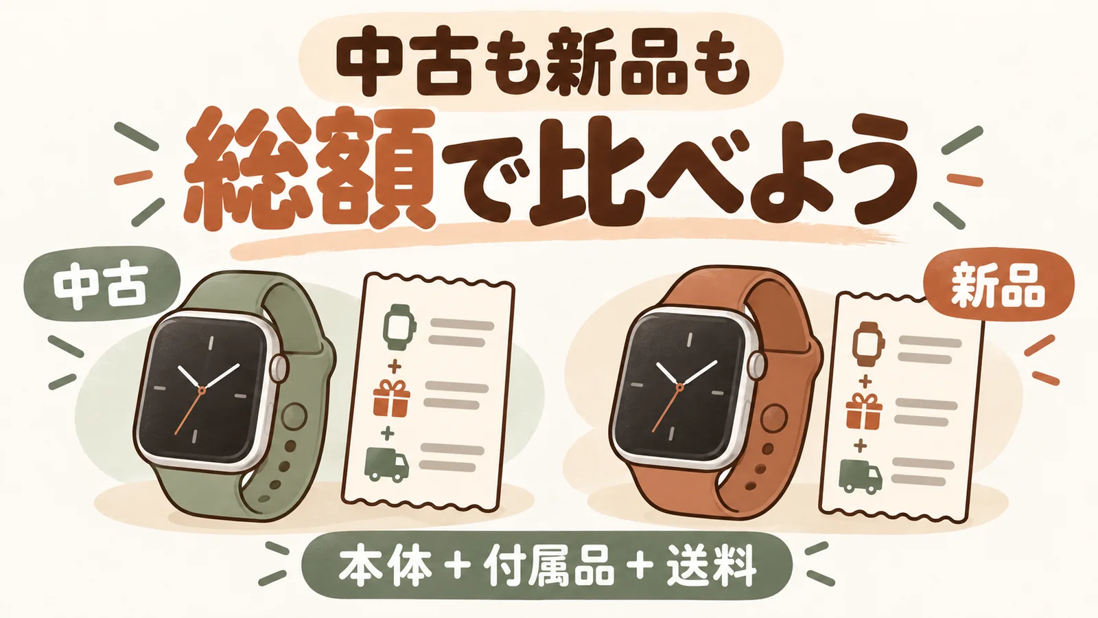 時計の本体価格に付属品と送料を足して中古と新品の総額を比べる図